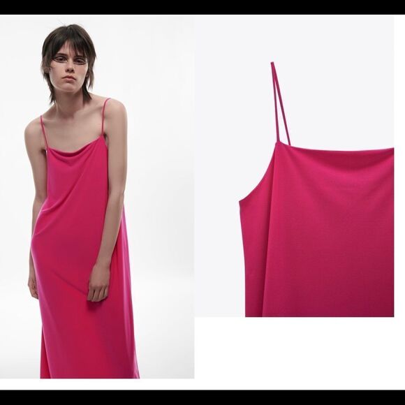 Zara fuchsia pink flowy midi dress Sz L NWT - Picture 2 of 8